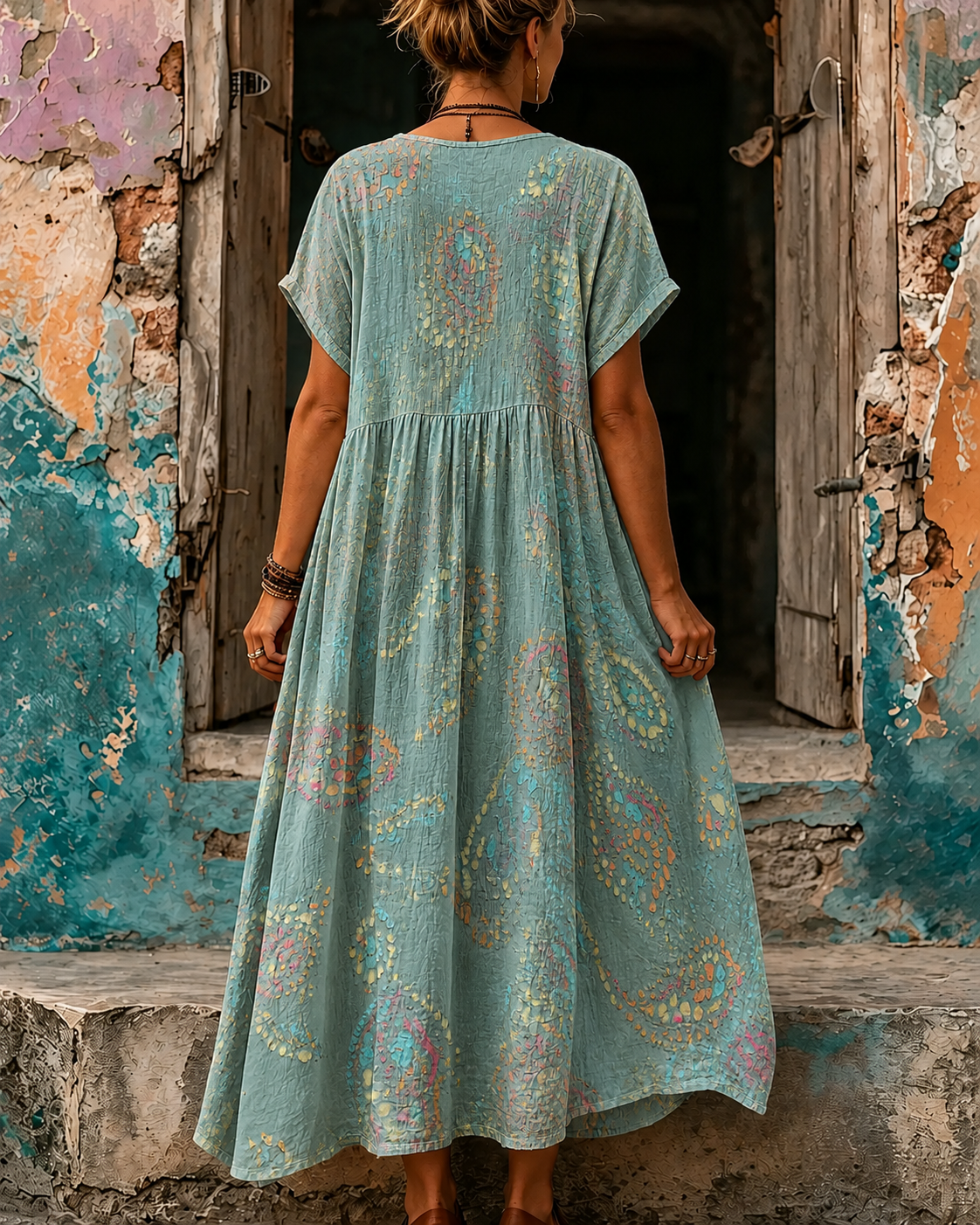 Women's Vacation Linen Boho Floral Print V-Neck Short Sleeve Maxi Dress