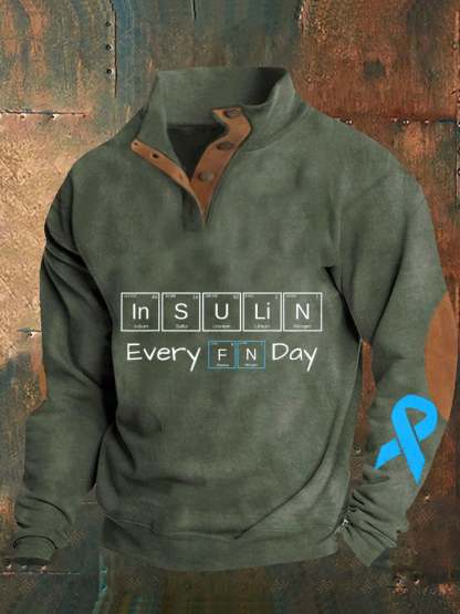 Men's Funny Diabetes Awareness Insulin Every Fn Day T1d Print Button Casual Long Sleeve Sweatshirt