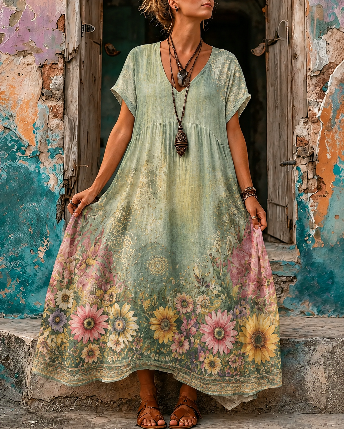 [Copy]Women's Vacation Linen Floral Print V-Neck Short Sleeve Maxi Dress