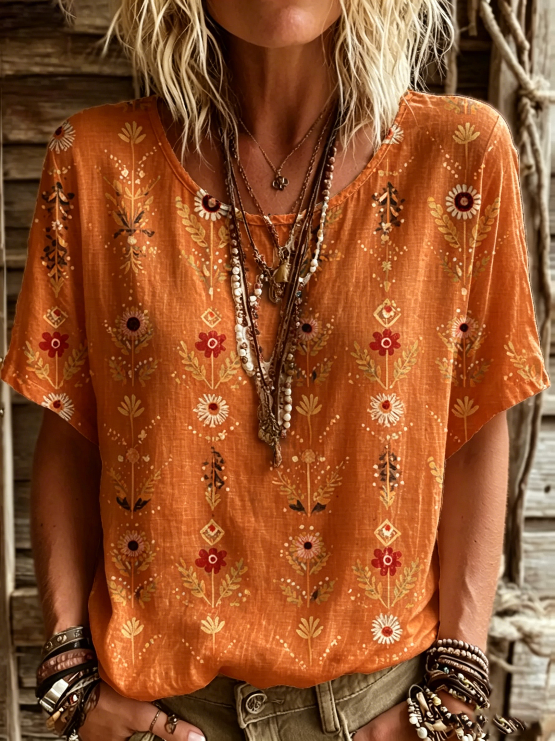 Women's Vintage Ethnic Floral Print Artistic Print Cotton-linen Round-neck Short-sleeve Shirt