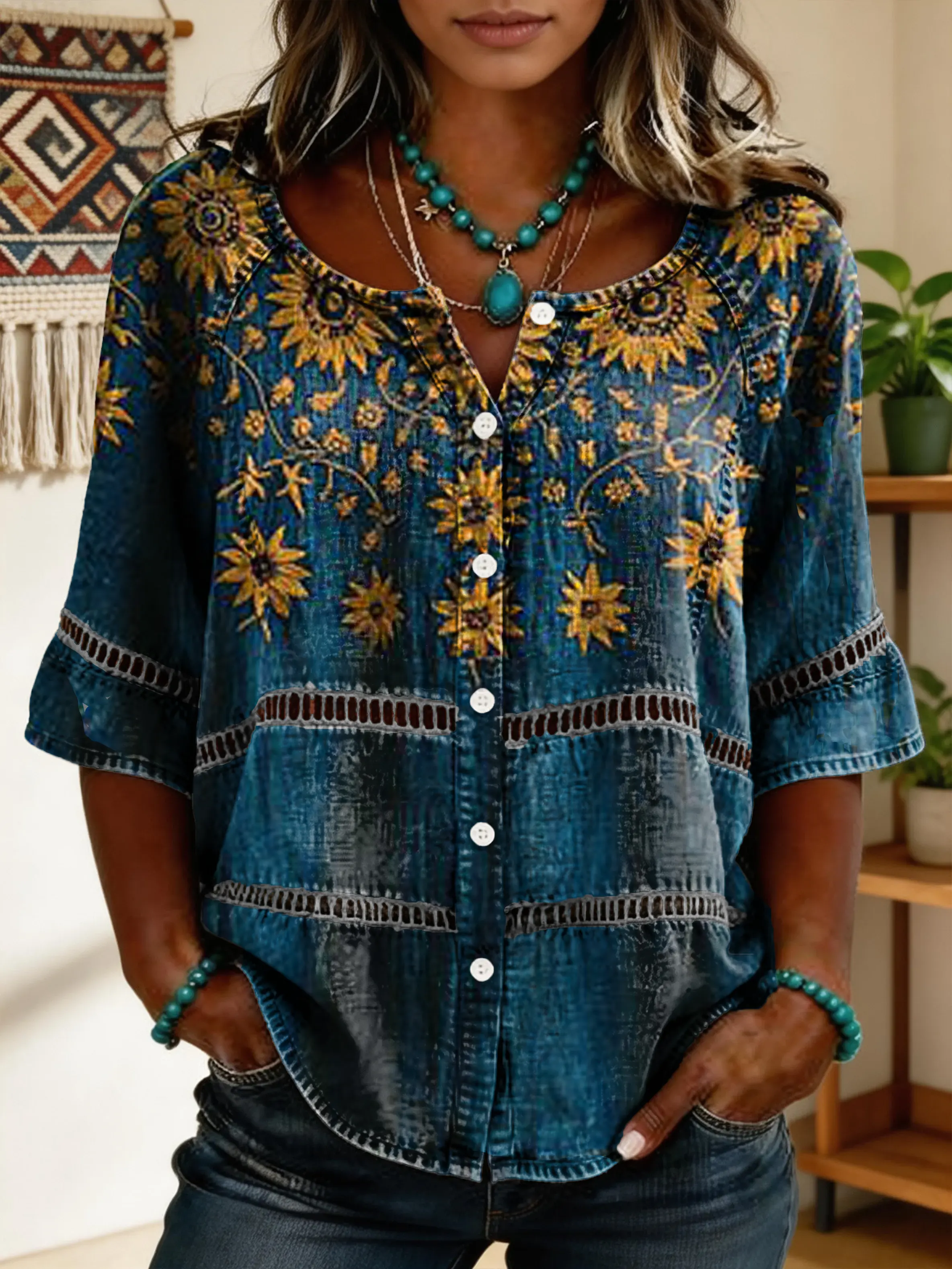 Women's Vintage Floral Art Print Lace-up Button-up Short-sleeve Shirt