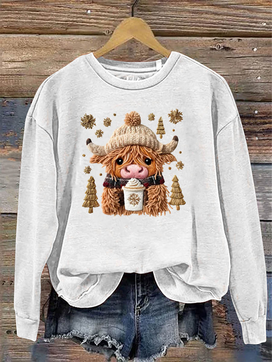 Women's Christmas Cow Knitting Crochet Pattern Neck Sweatshirt
