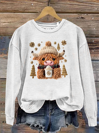 Women's Christmas Cow Knitting Crochet Pattern Neck Sweatshirt