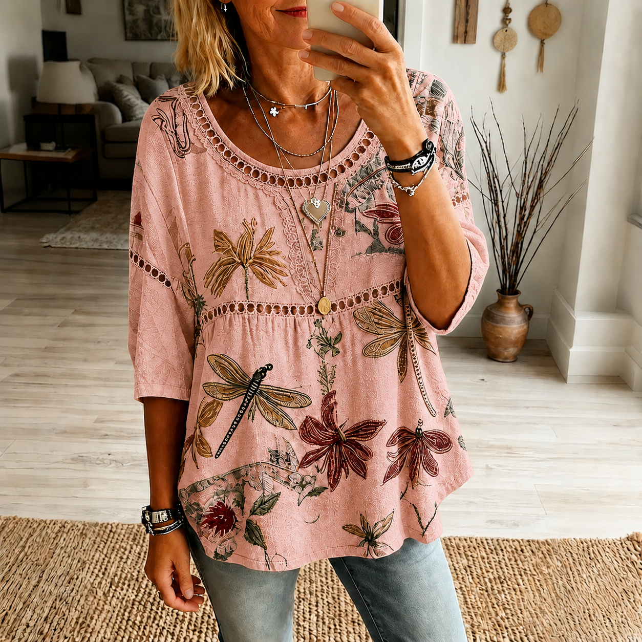 Women's Vintage Floral Embroidered Art Crew Neck Linen Blouse