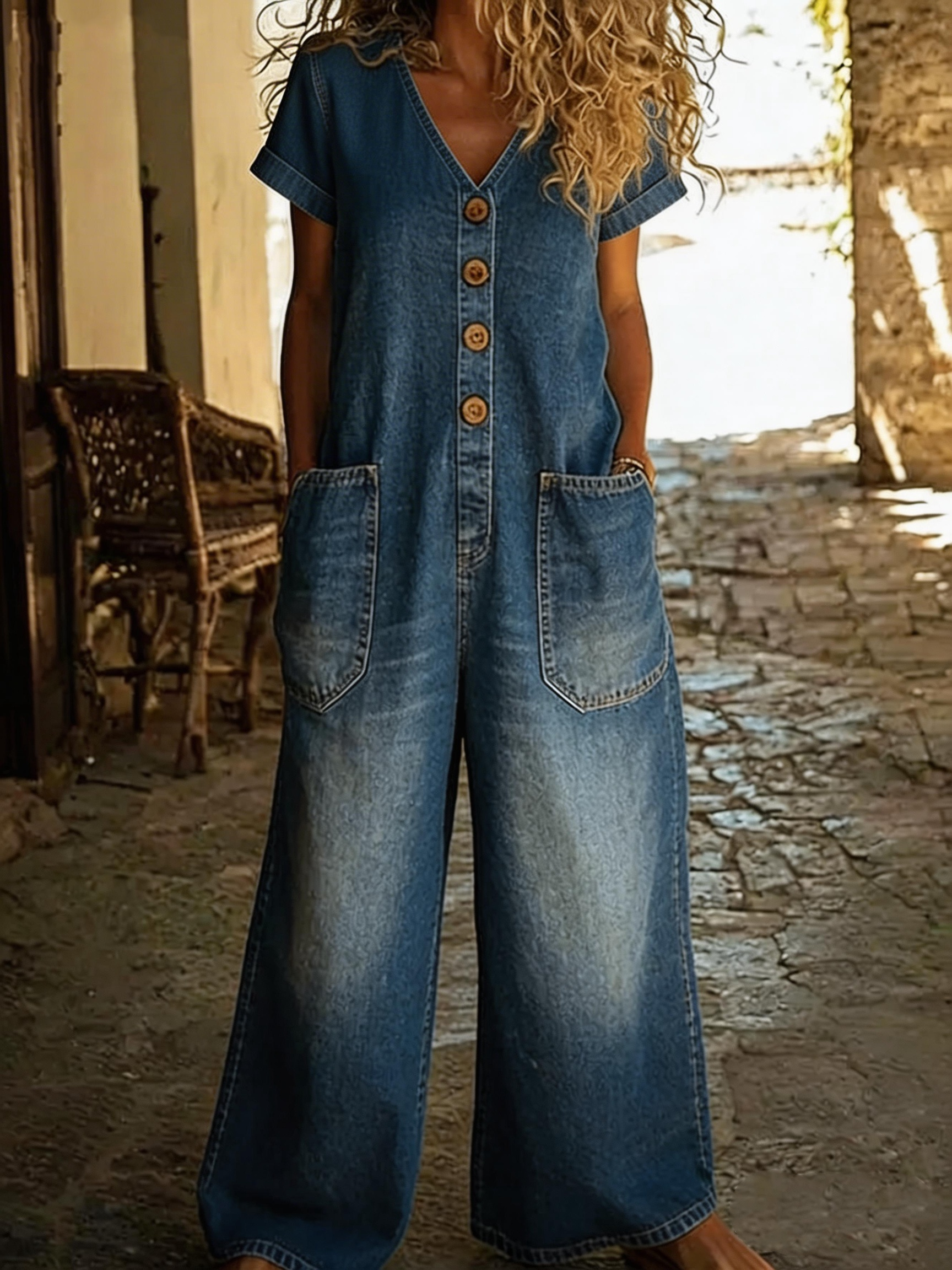 Women's Casual Short-sleeve V-neck Washed Cotton Denim Jumpsuit