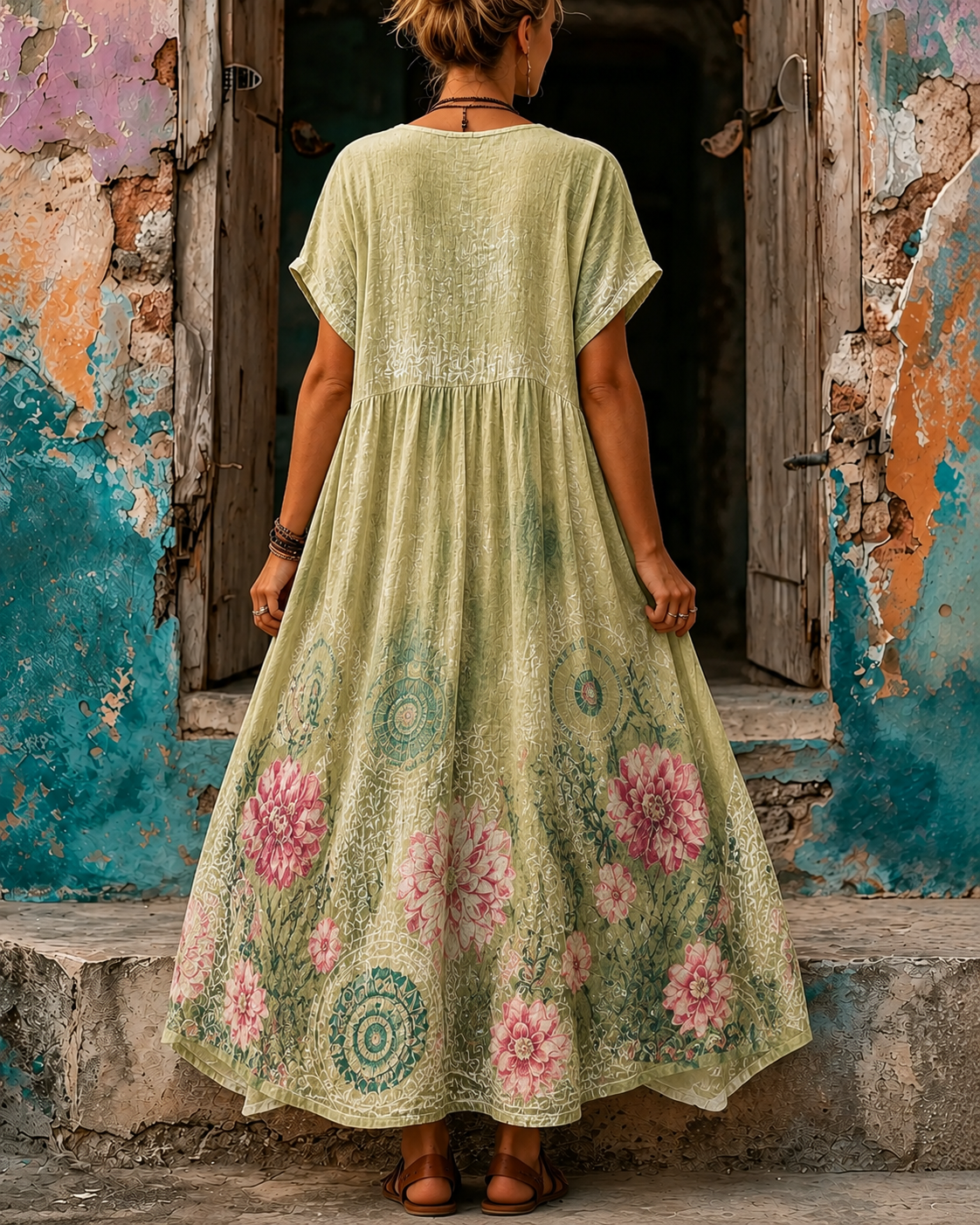 [Copy]Women's Vacation Linen Floral Print V-Neck Short Sleeve Maxi Dress
