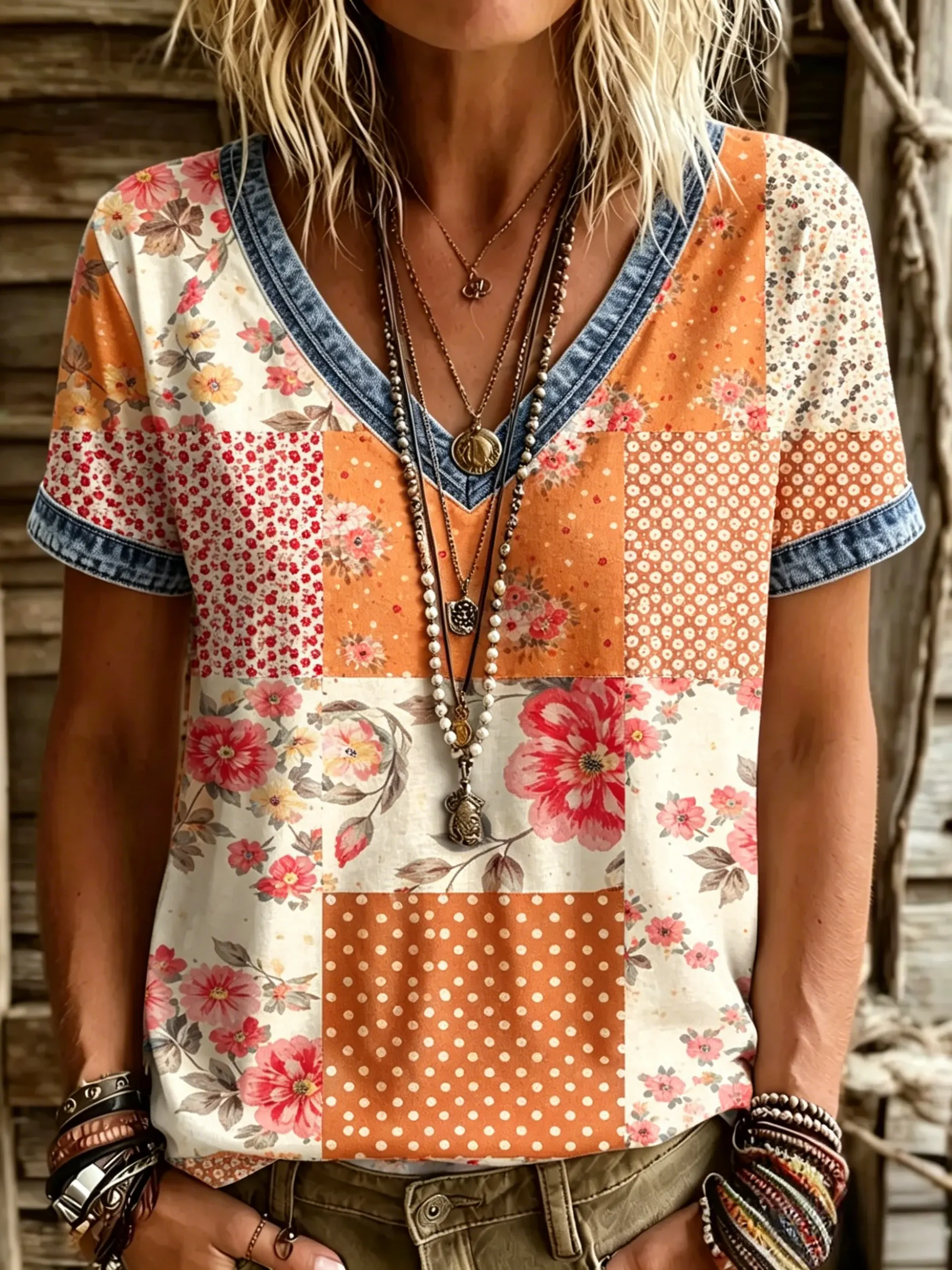 Women's Vintage Floral Patchwork Polka Dot Print Denim Trim V-Neck Short Sleeve T-Shirt