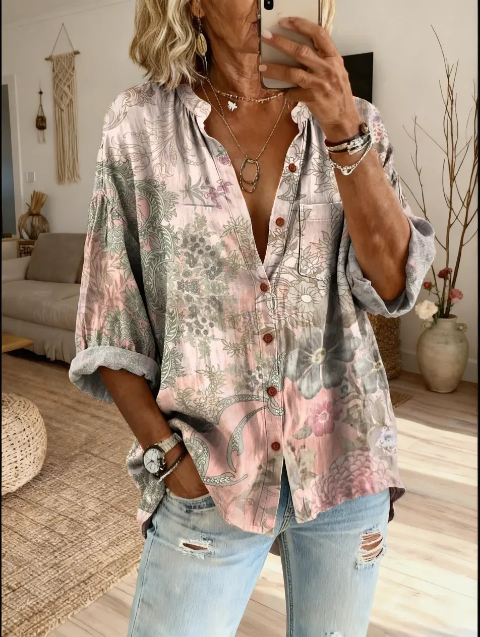 Women's Floral Art Print Casual Cotton-linen Blend Shirt