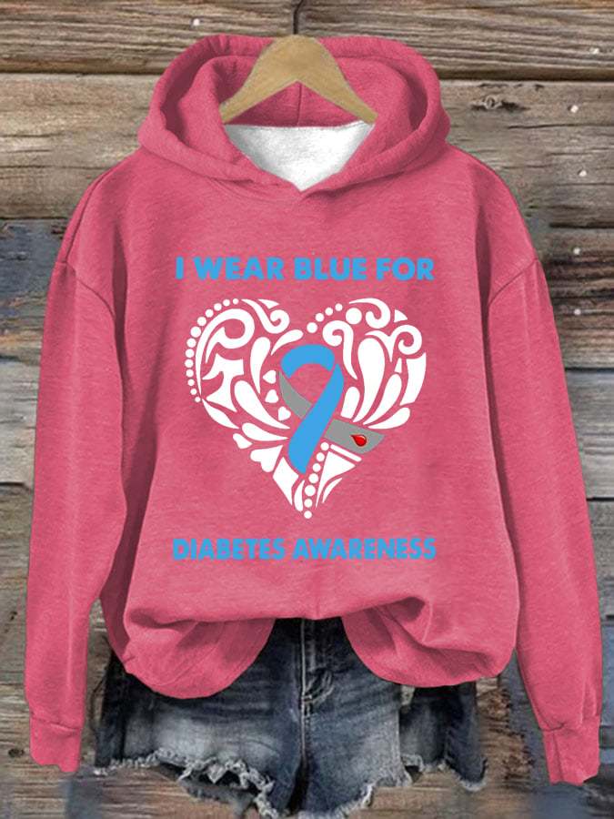 Women's I Wear Blue For Diabetes Awareness Print Hoodie Long Sleeve Sweatshirt