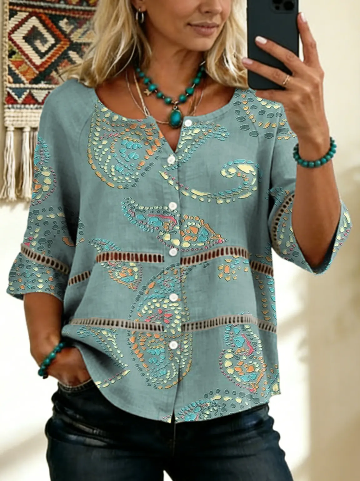 Women's Short-sleeve Shirt With Abstract Floral Print, Artistic Pattern, Cotton-linen Blend, And Openwork Buttons