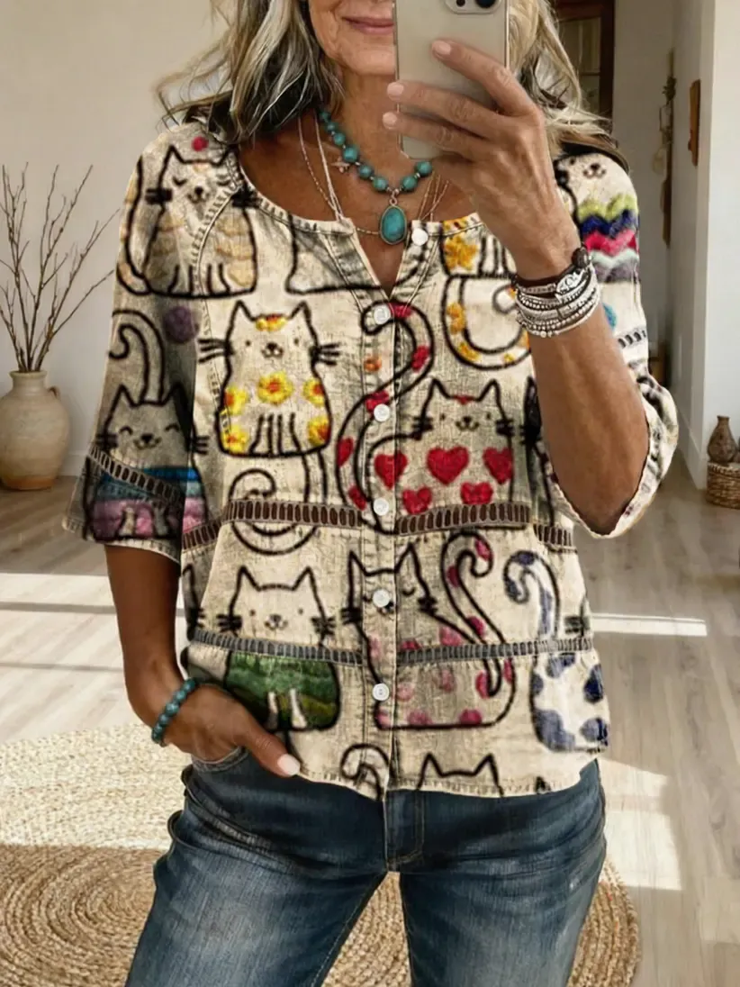 Women's Cute Cat Art Print Casual Cutout Top
