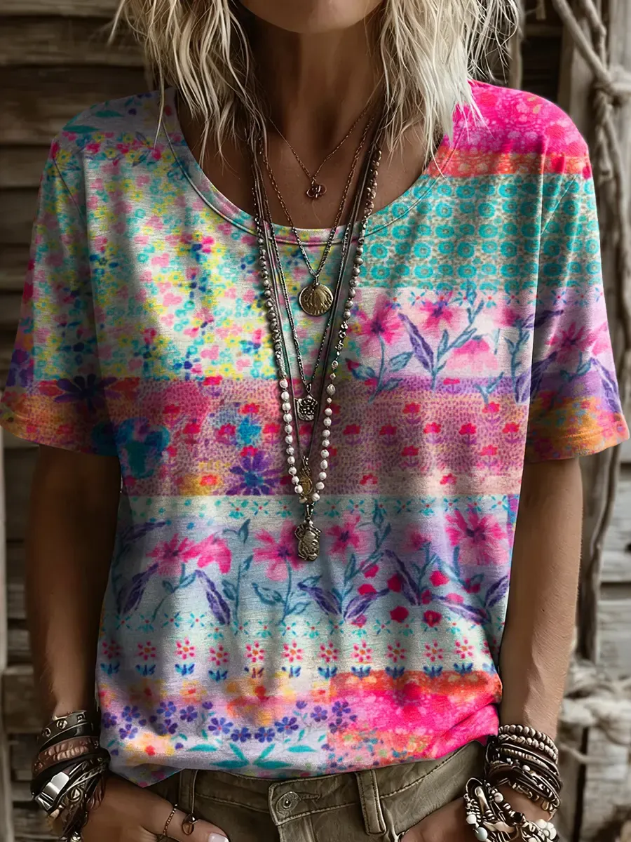 Women's Ethnic-Style Striped Floral Art Print Casual Short-Sleeve Crew Neck Pure Cotton T-Shirt