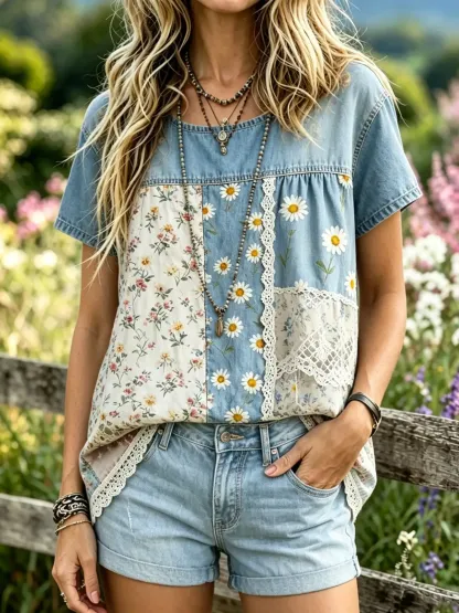 Women's Denim Patchwork Daisy Floral Print Short Sleeve Blouse