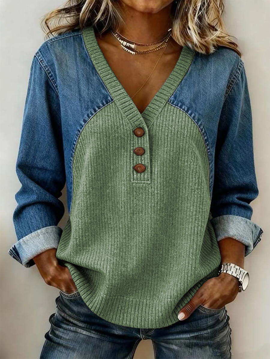 Women's Retro Casual Denim And Cotton Knit Sweater