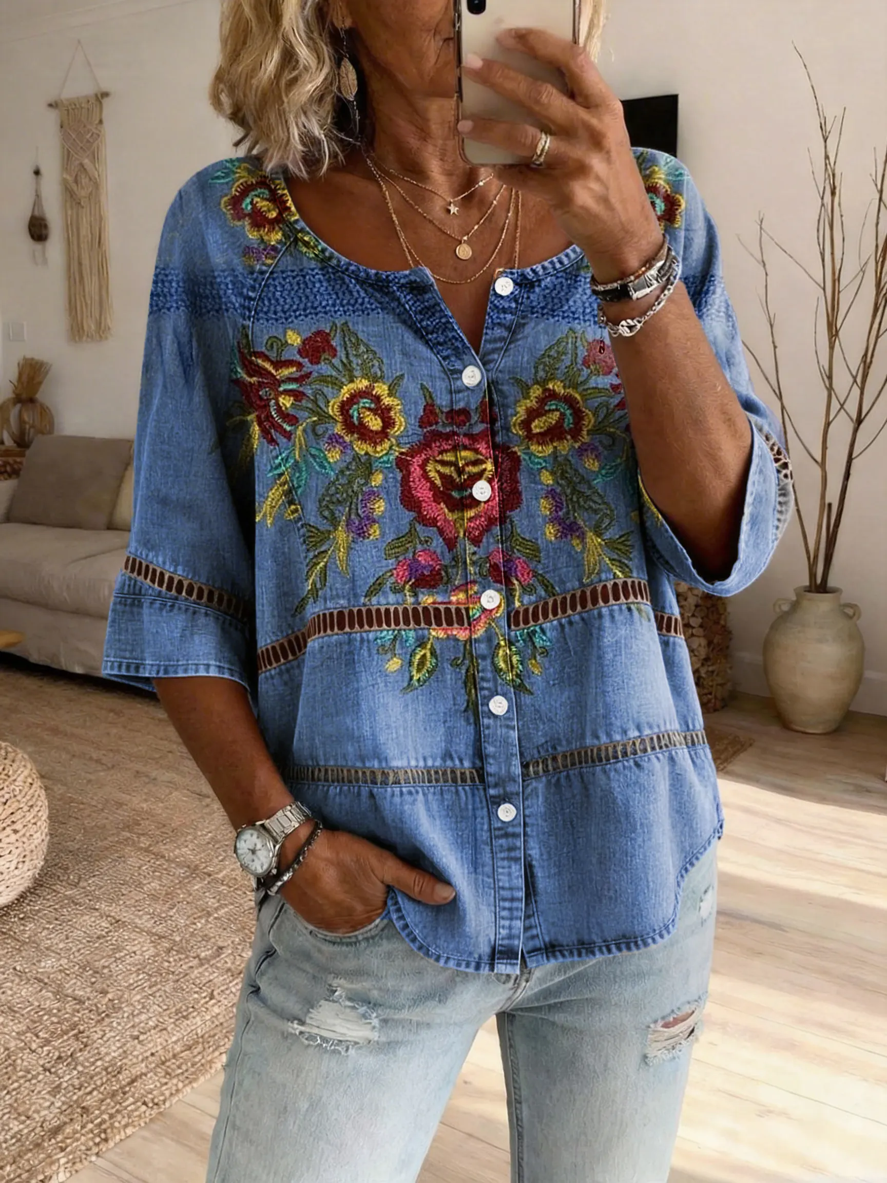 Women's Vintage Floral Art Print Casual Cutout Top