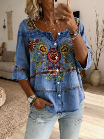 Women's Vintage Floral Art Print Casual Cutout Top