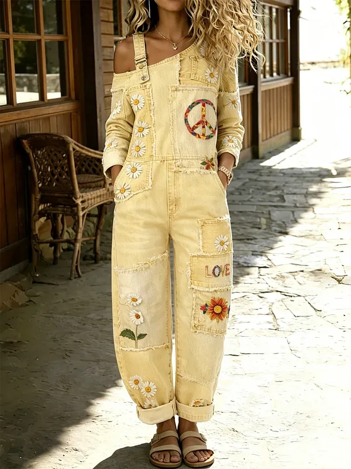 Women's Retro Floral Color-Blocked Art Print Washed Cotton Denim Patchwork Jumpsuit