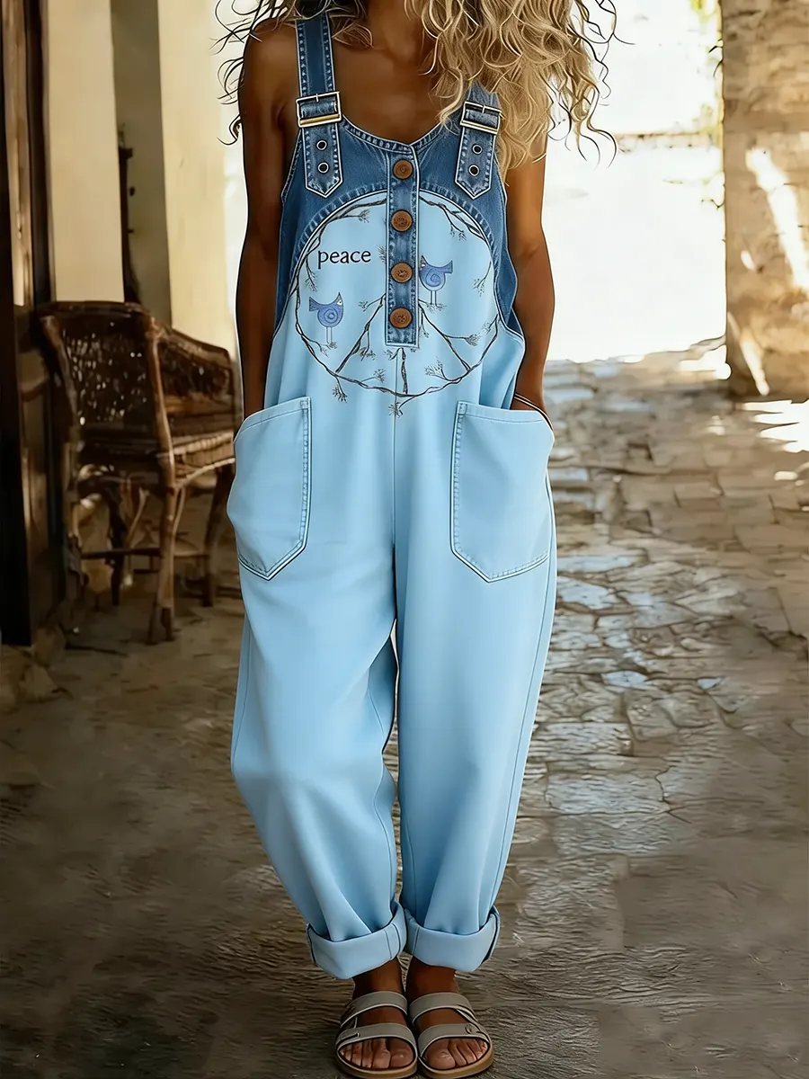 Women's Hippie Peace Bird Art Print Patchwork Denim Overalls