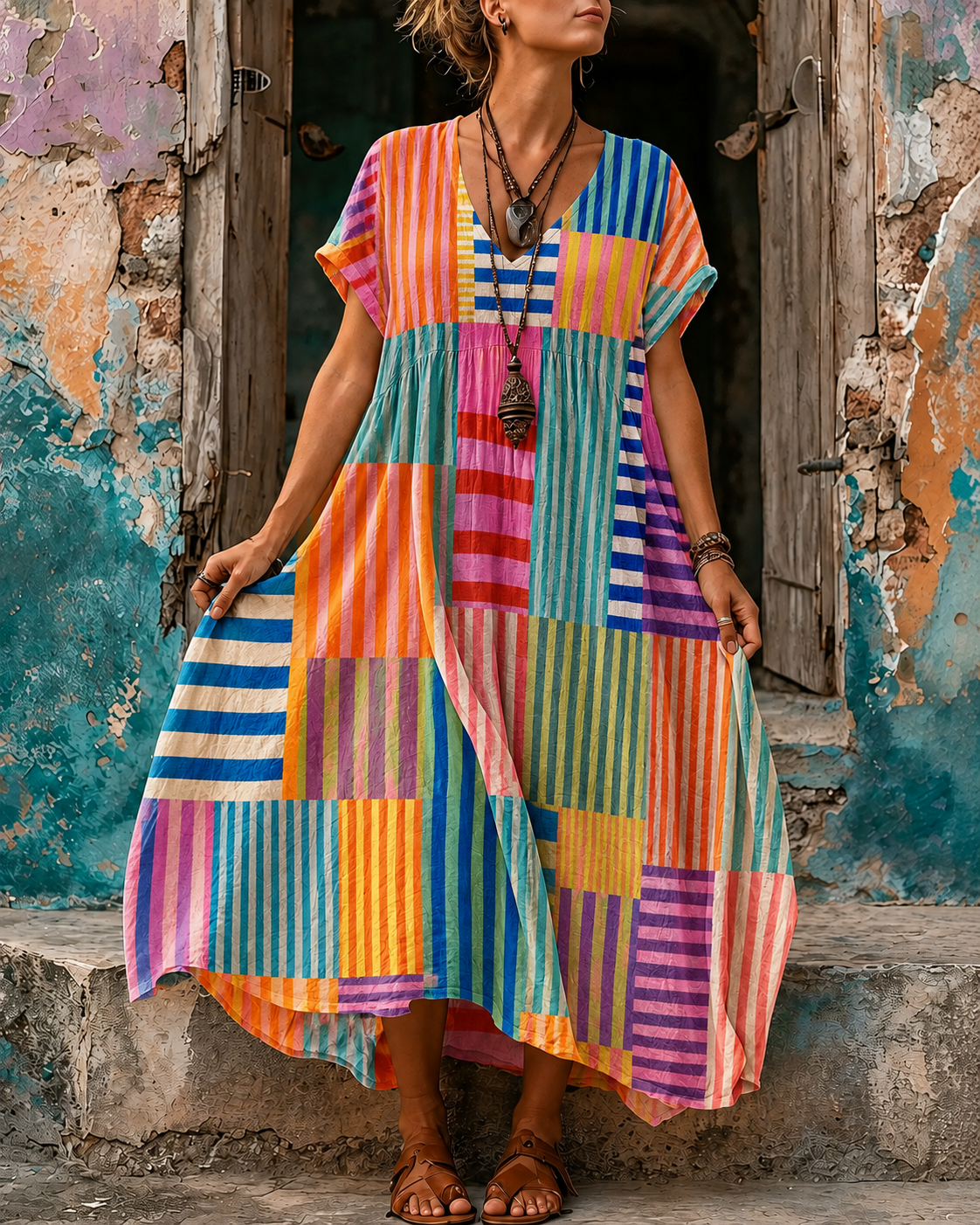 Casual Vacation Retro Geometric Print Maxi Dress