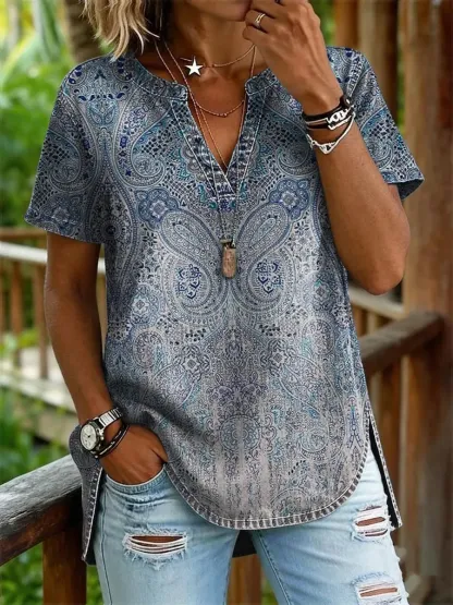 Ethnicity Paisley Totem Women's Art Print Casual V-neck Short-sleeved Washed Cotton Denim Top