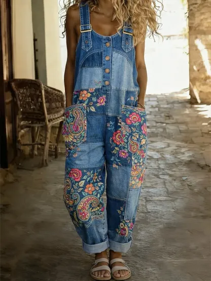 Women's Floral Paisley Embroidered Print Denim Overalls