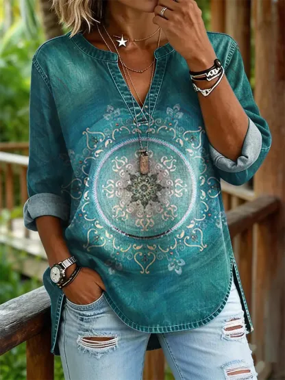 Women's Tie-Dye Ethnic Print Casual V-Neck Washed Cotton Denim Shirt
