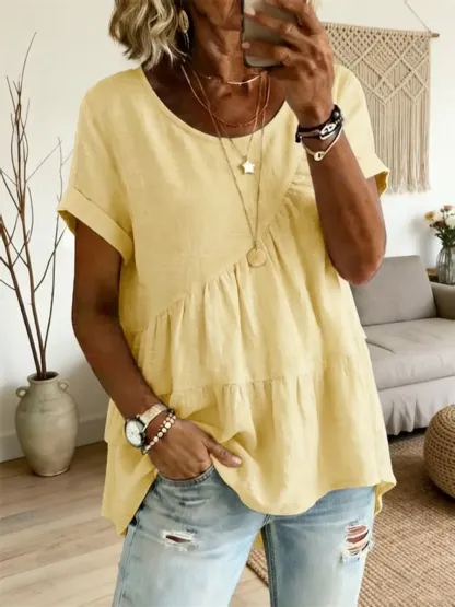 Women's Art Print Round Neck 100% Cotton Loose Short-sleeved Shirt – Side Tether