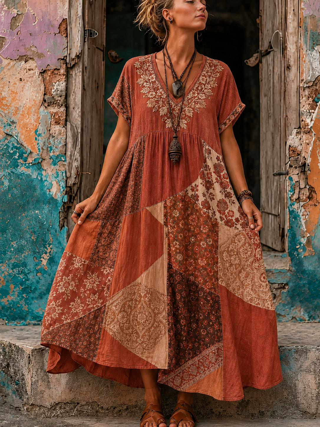 Women's Vacation Linen Floral Print V-Neck Short Sleeve Maxi Dress