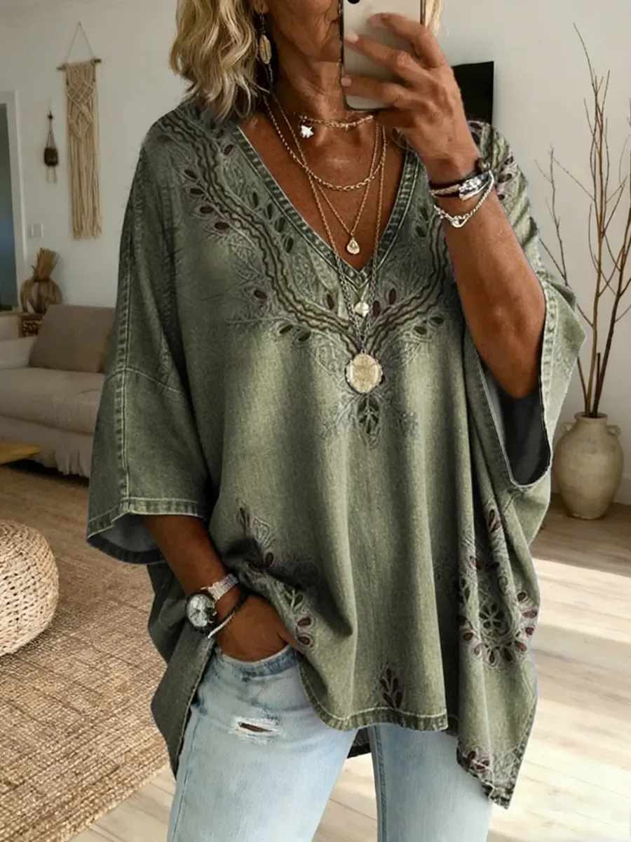 Ethnicity Texture Flowers Women's Art Print Casual Washed Cotton Denim Top