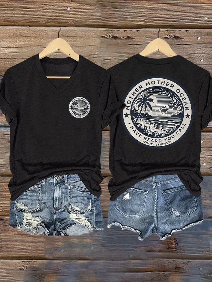 V Neck Retro Mother, Mother Ocean, I Have Heard You Call Print T-Shirt