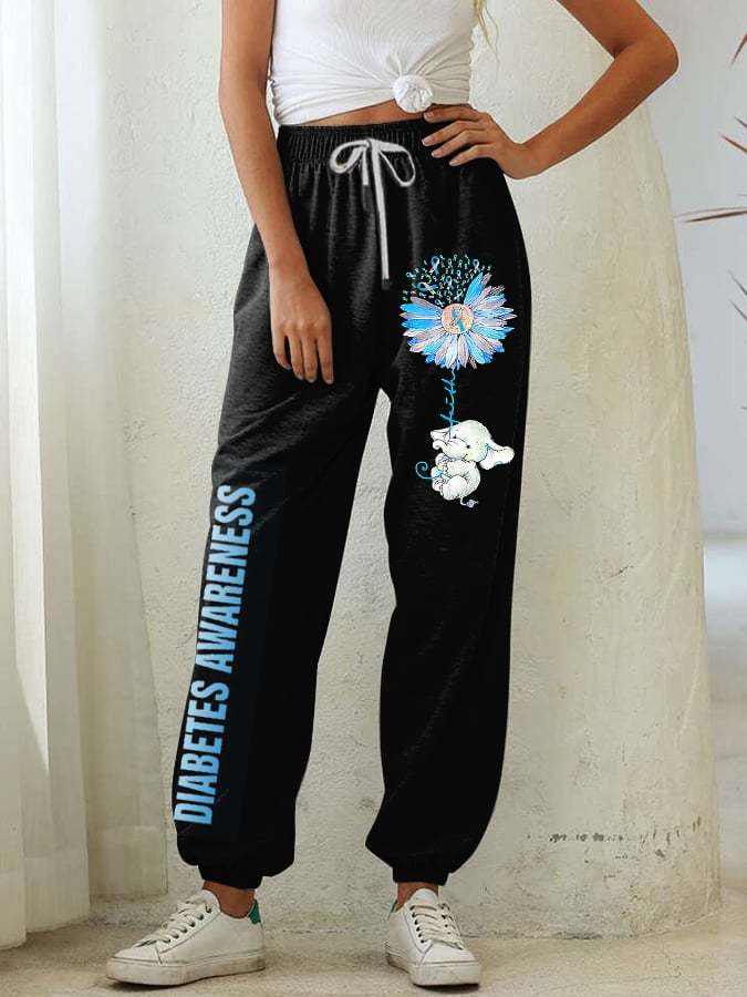 Women's Diabetes Awareness Elephant Daisy Ribbon Print Sweatpants
