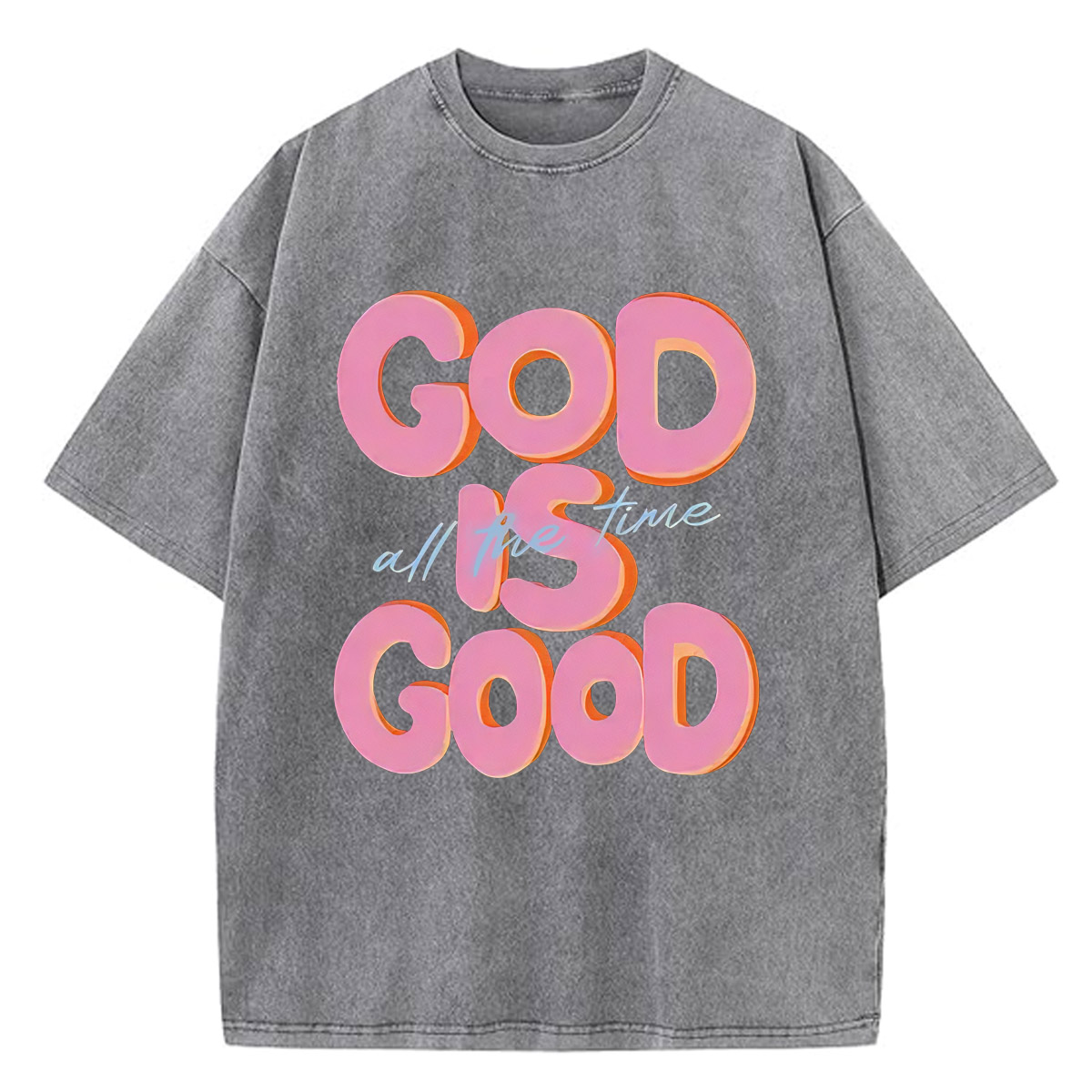 God Is Good All The Time Pattern  Washed Distressed Crew Neck T-Shirt