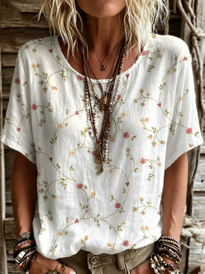 Women's Short-sleeve Crew-neck Cotton-linen T-shirt With Floral Art Print