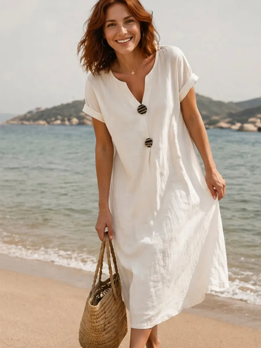 Summer Midi Dress with V-Neck & Decorative Buttons – Light Linen Material, Short Flared Sleeves