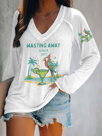 V-neck Retro Parrot Margarita Wasting Away Since 1977 Print T-Shirt