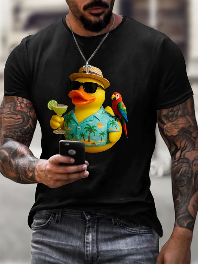 Men's Retro Vacation Parrot Margarita Memorial Duck Print T-Shirt