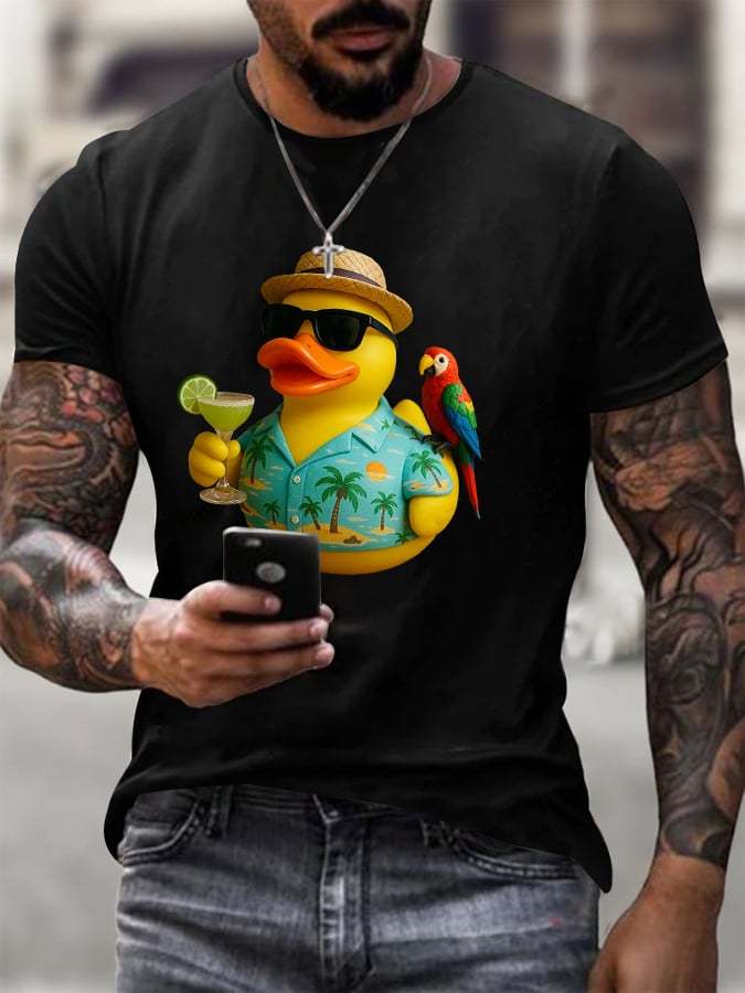 Men's Retro Vacation Parrot Margarita Memorial Duck Print T-Shirt