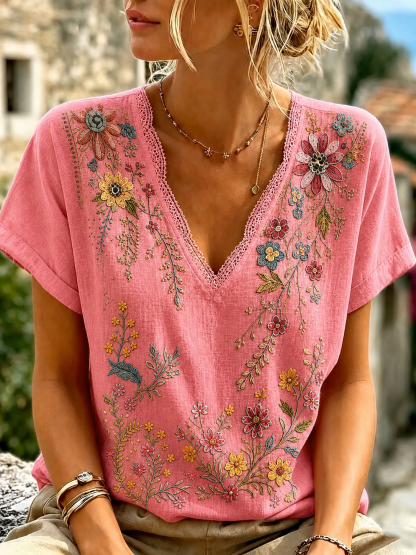 Women's Retro Floral Print V Neck T-shirt