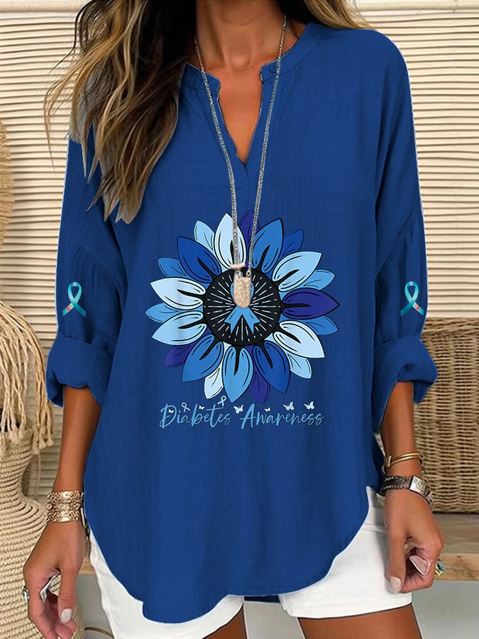 Women's Diabetes Awareness Print Casual Linen Blouse