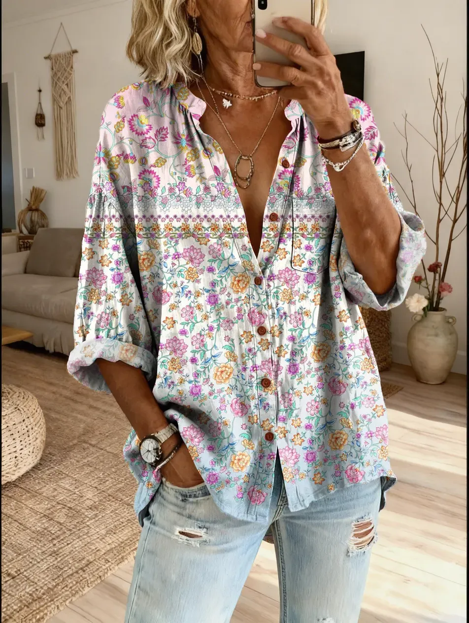 Women's Floral Art Print Casual Cotton-linen Blend Shirt