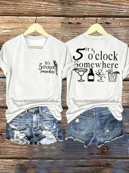 V Neck Retro 5 O'clock Print T-Shirt