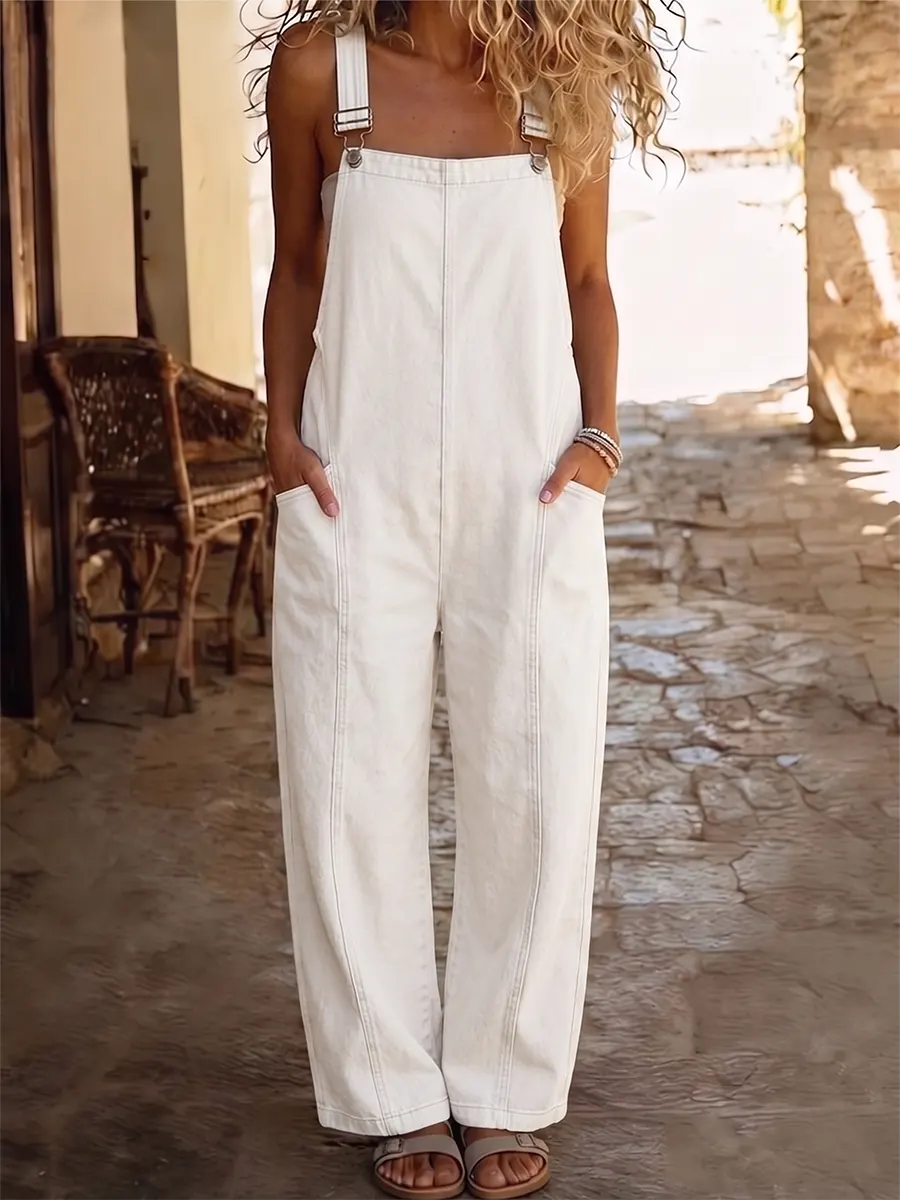 Women's Art Casual Shoulder Strap Washed Cotton Denim Jumpsuit