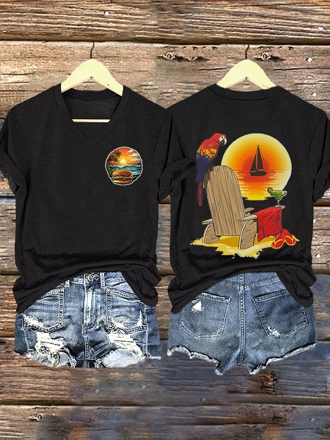 V Neck Retro Vacation Cheeseburger Paradise Parrot Margarita Print T-Shirt