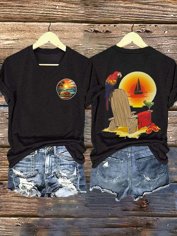 V Neck Retro Vacation Cheeseburger Paradise Parrot Margarita Print T-Shirt