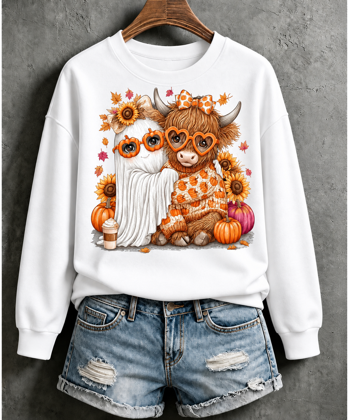 Cute Fall Highland Cow Ghost Printed Sweatshirt