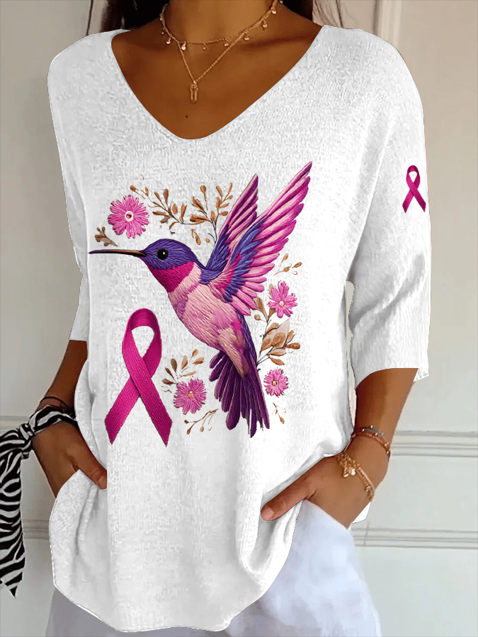 Women's Breast Cancer Hummingbird Print Striped Fabric Casual V-Neck T-Shirt