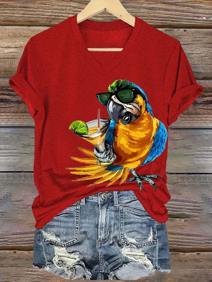 Women's  Funny Drinking Parrot Print T-Shirt