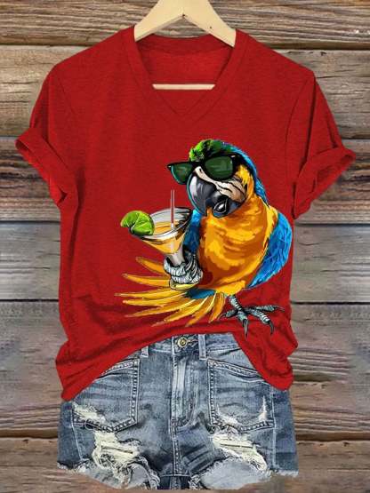 Women's  Funny Drinking Parrot Print T-Shirt