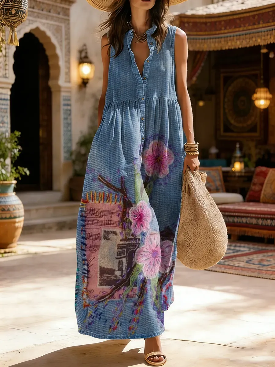 Women's Floral Print Sleeveless Cotton Pocket Dress