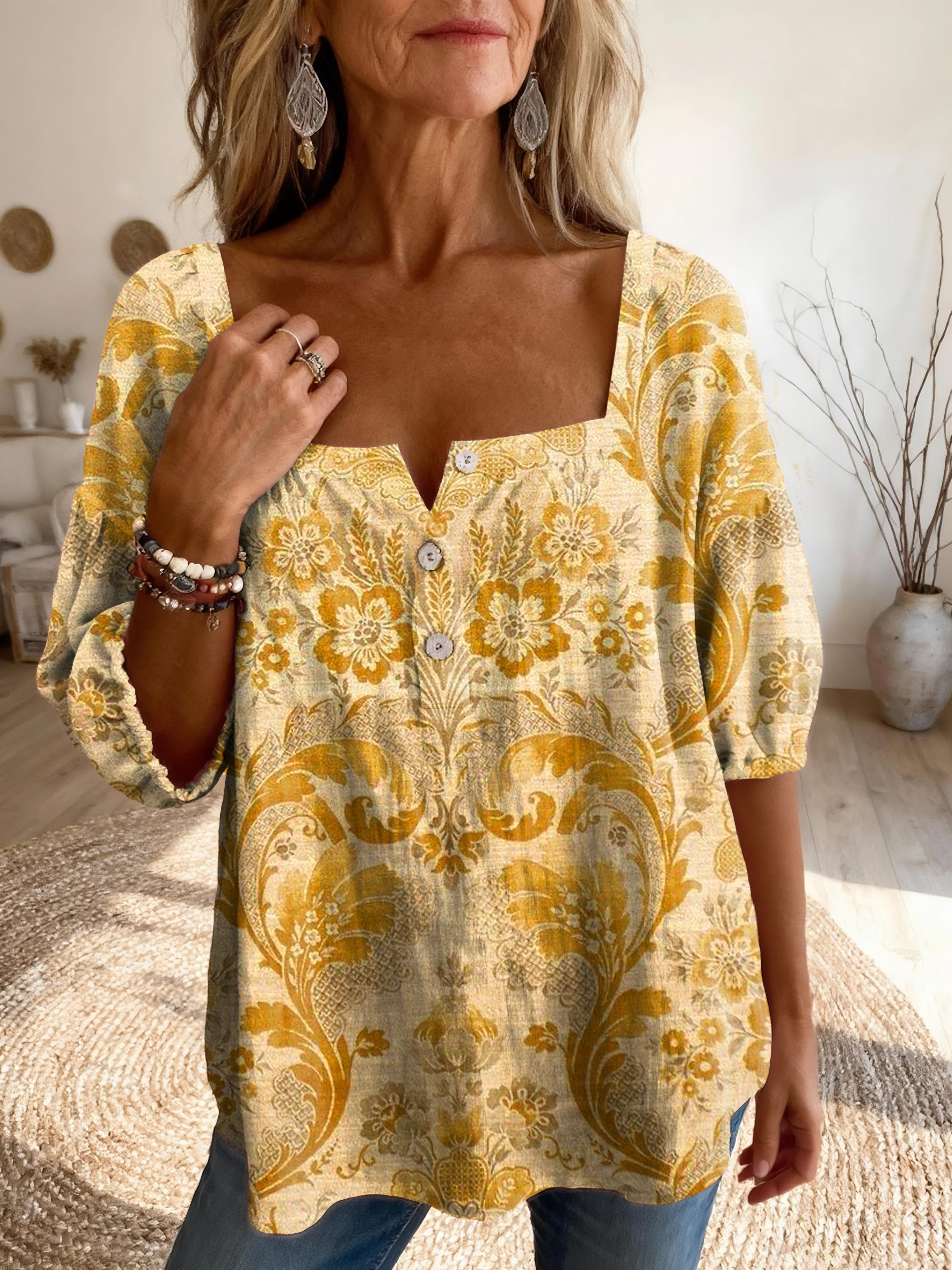 Women's Ethnic Yellow Floral Art Print Casual Square Neck Button-down Cotton Shirt